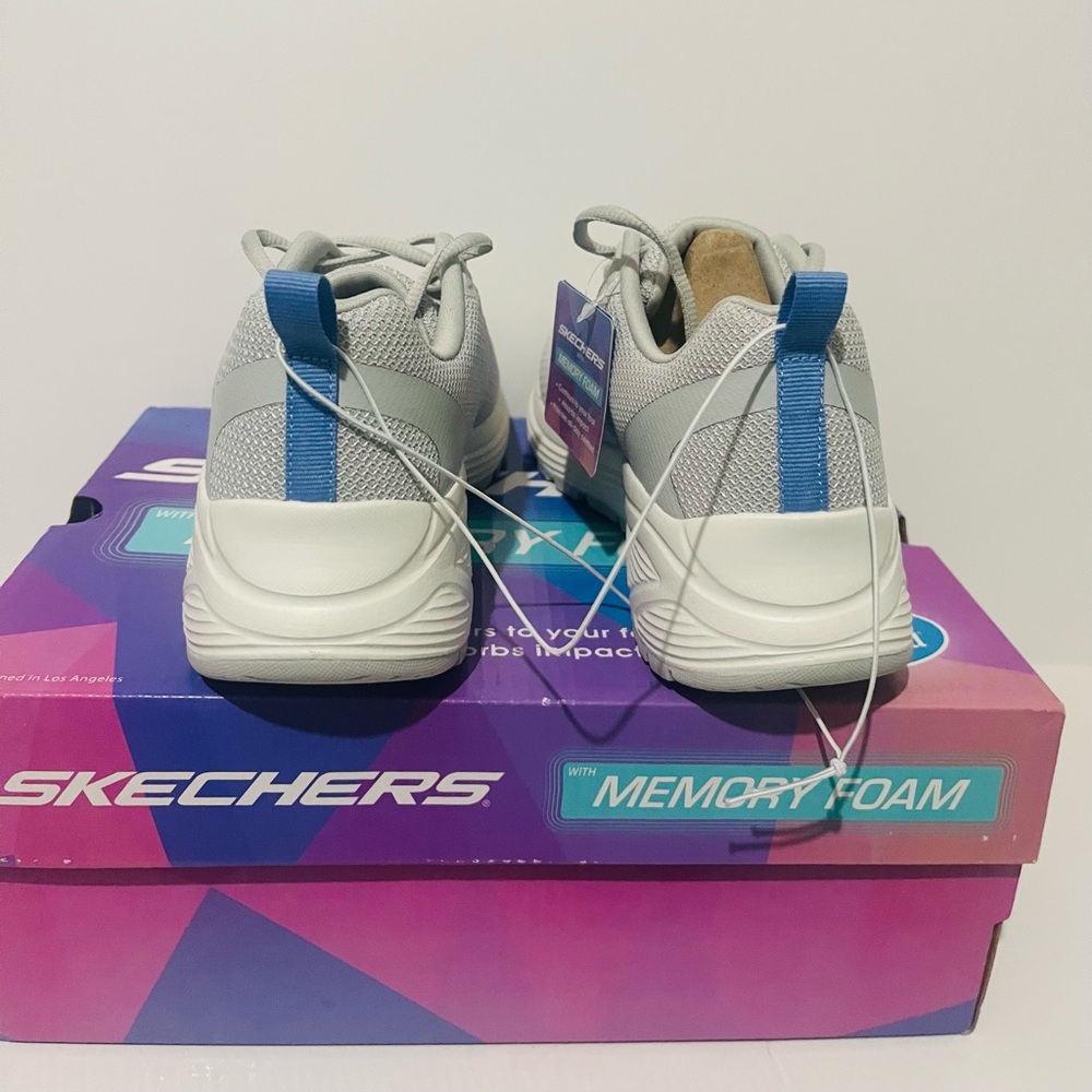 Skechers Women's Light Gray and Blue Mesh Slip-On Sneakers - Picture 3 of 6
